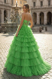 Yellow Sweetheart A Line Tiered Tulle Long Prom Dress