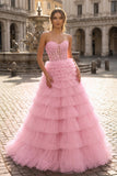 Yellow Sweetheart A Line Tiered Tulle Long Prom Dress