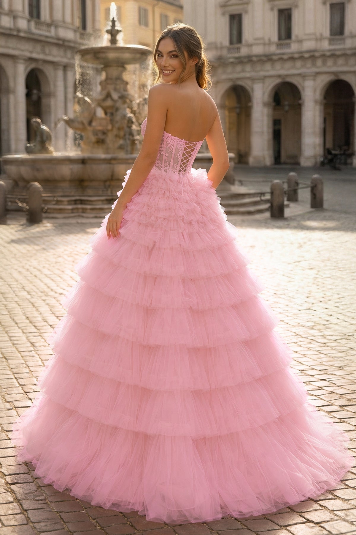 Yellow Sweetheart A Line Tiered Tulle Long Prom Dress
