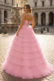 Yellow Sweetheart A Line Tiered Tulle Long Prom Dress