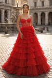 Yellow Sweetheart A Line Tiered Tulle Long Prom Dress