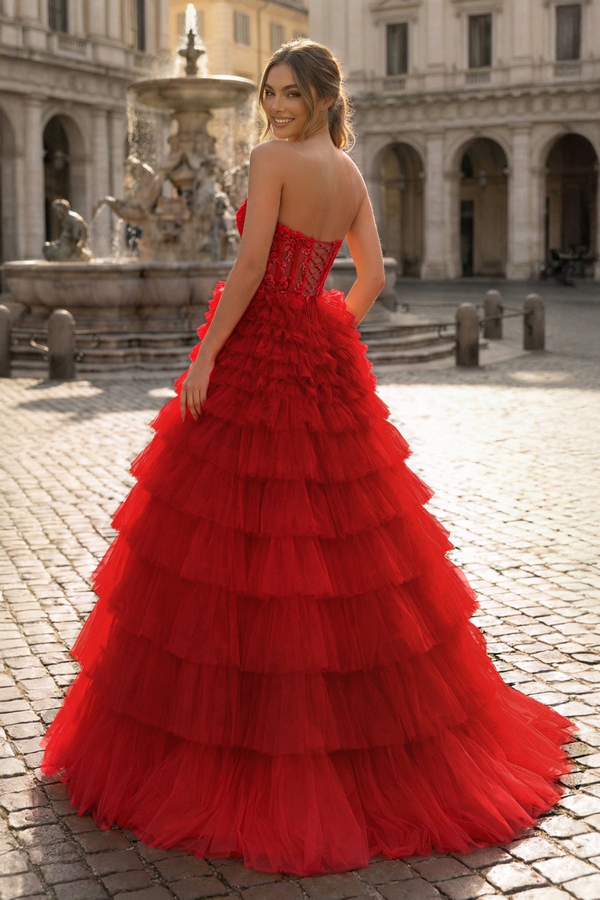 Yellow Sweetheart A Line Tiered Tulle Long Prom Dress