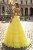 Yellow Sweetheart A Line Tiered Tulle Long Prom Dress