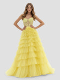 Yellow Sweetheart A Line Tiered Tulle Long Prom Dress
