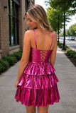 Magenta - Keyhole A Line Metallic Homecoming Dress With Flower