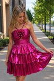 Magenta - Keyhole A Line Metallic Homecoming Dress With Flower