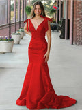 Sky Blue V Neck Mermaid Satin Long Prom Dress With Bow