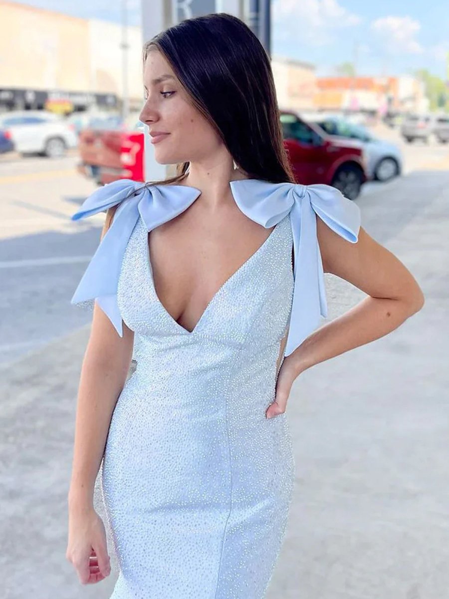 Sky Blue V Neck Mermaid Satin Long Prom Dress With Bow
