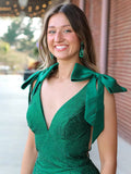 Sky Blue V Neck Mermaid Satin Long Prom Dress With Bow