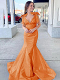 Sky Blue V Neck Mermaid Satin Long Prom Dress With Bow