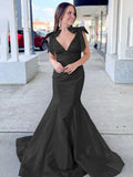 Sky Blue V Neck Mermaid Satin Long Prom Dress With Bow