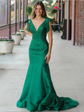 Sky Blue V Neck Mermaid Satin Long Prom Dress With Bow