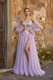 Lavender A-Line Strapless Tulle Prom Dress with 3D Flowers