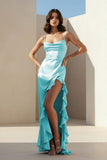 Lavender Spaghetti Straps Sheath Satin Pleated Formal Prom Dresses With Ruffles