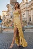 Lavender Spaghetti Straps Sheath Satin Pleated Formal Prom Dresses With Ruffles