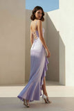 Lavender Spaghetti Straps Sheath Satin Pleated Formal Prom Dresses With Ruffles