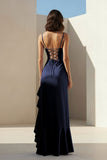 Lavender Spaghetti Straps Sheath Satin Pleated Formal Prom Dresses With Ruffles