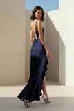 Lavender Spaghetti Straps Sheath Satin Pleated Formal Prom Dresses With Ruffles