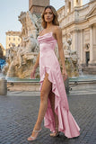 Lavender Spaghetti Straps Sheath Satin Pleated Formal Prom Dresses With Ruffles