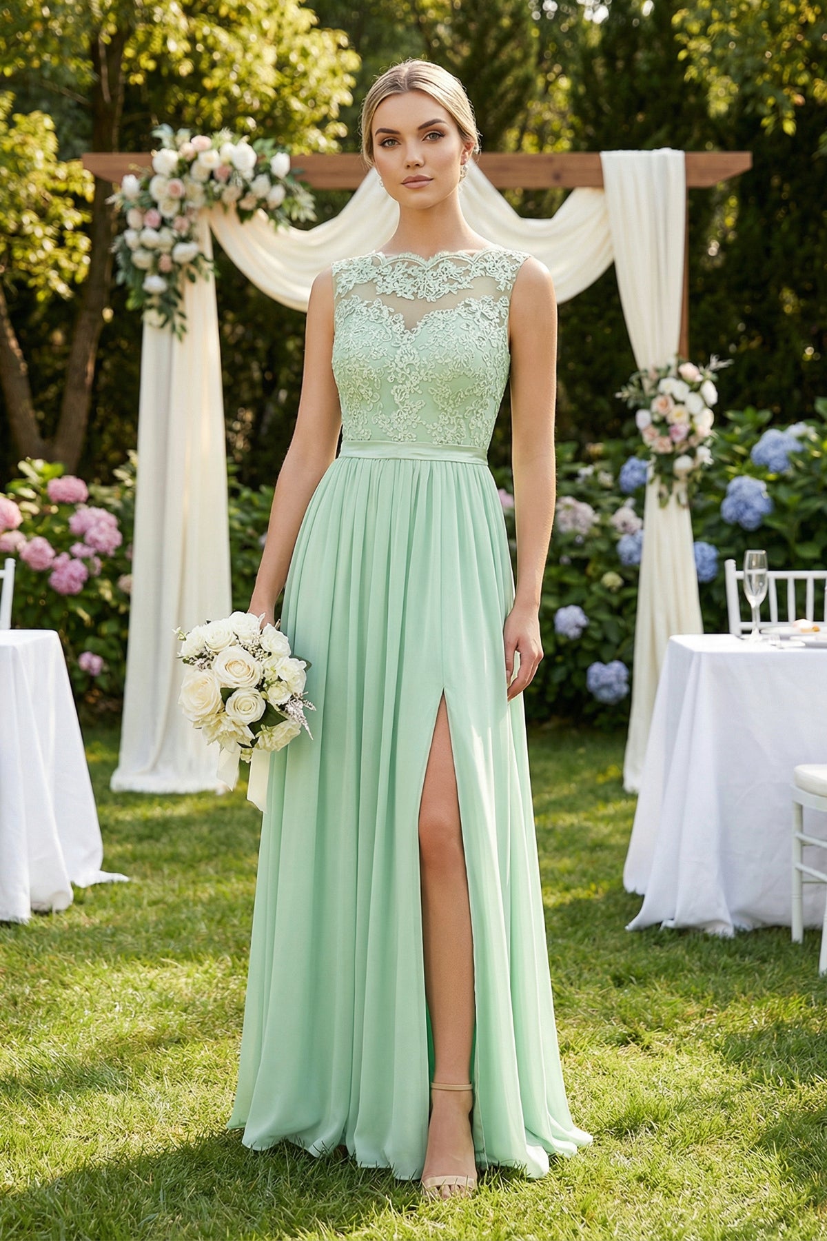 Lace A-Line Bateau Neck Chiffon Long Bridesmaid Dress in Pale Pistachio