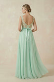 Lace A-Line Bateau Neck Chiffon Long Bridesmaid Dress in Pale Pistachio