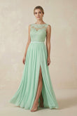 Lace A-Line Bateau Neck Chiffon Long Bridesmaid Dress in Pale Pistachio