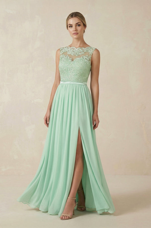 Lace A-Line Bateau Neck Chiffon Long Bridesmaid Dress in Pale Pistachio