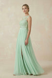 Lace A-Line Bateau Neck Chiffon Long Bridesmaid Dress in Pale Pistachio