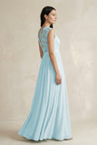 Lace Chiffon A-Line Round Neck Bridesmaid Dress in Sky Blue