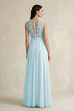 Lace Chiffon A-Line Round Neck Bridesmaid Dress in Sky Blue