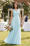 Lace Chiffon A-Line Round Neck Bridesmaid Dress in Sky Blue