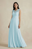 Lace Chiffon A-Line Round Neck Bridesmaid Dress in Sky Blue