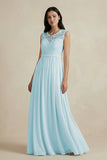 Lace Chiffon A-Line Round Neck Bridesmaid Dress in Sky Blue