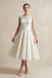Lace Illusion Neck Lace A-Line Midi Wedding Dress in White