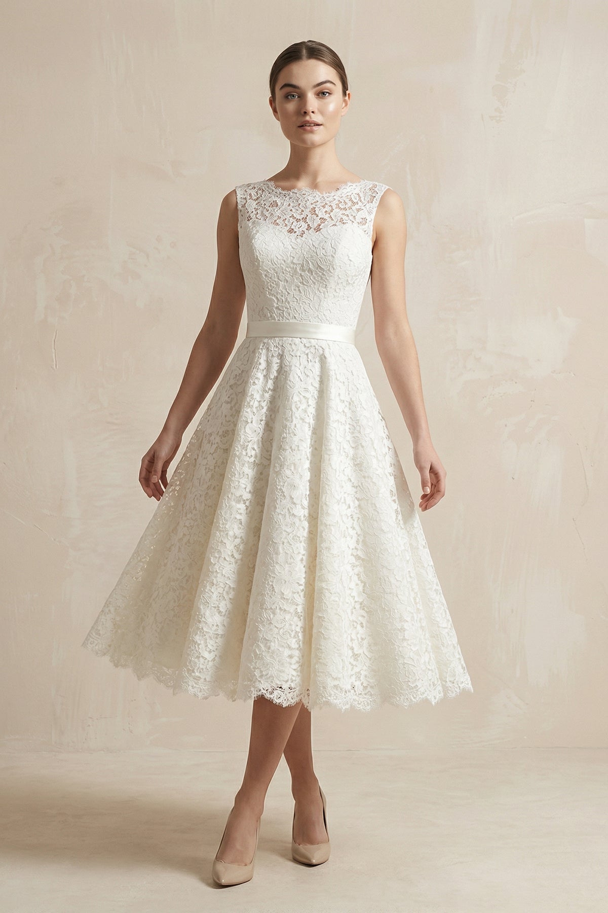 Lace Illusion Neck Lace A-Line Midi Wedding Dress in White