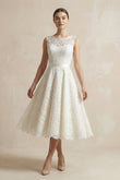 Lace Illusion Neck Lace A-Line Midi Wedding Dress in White