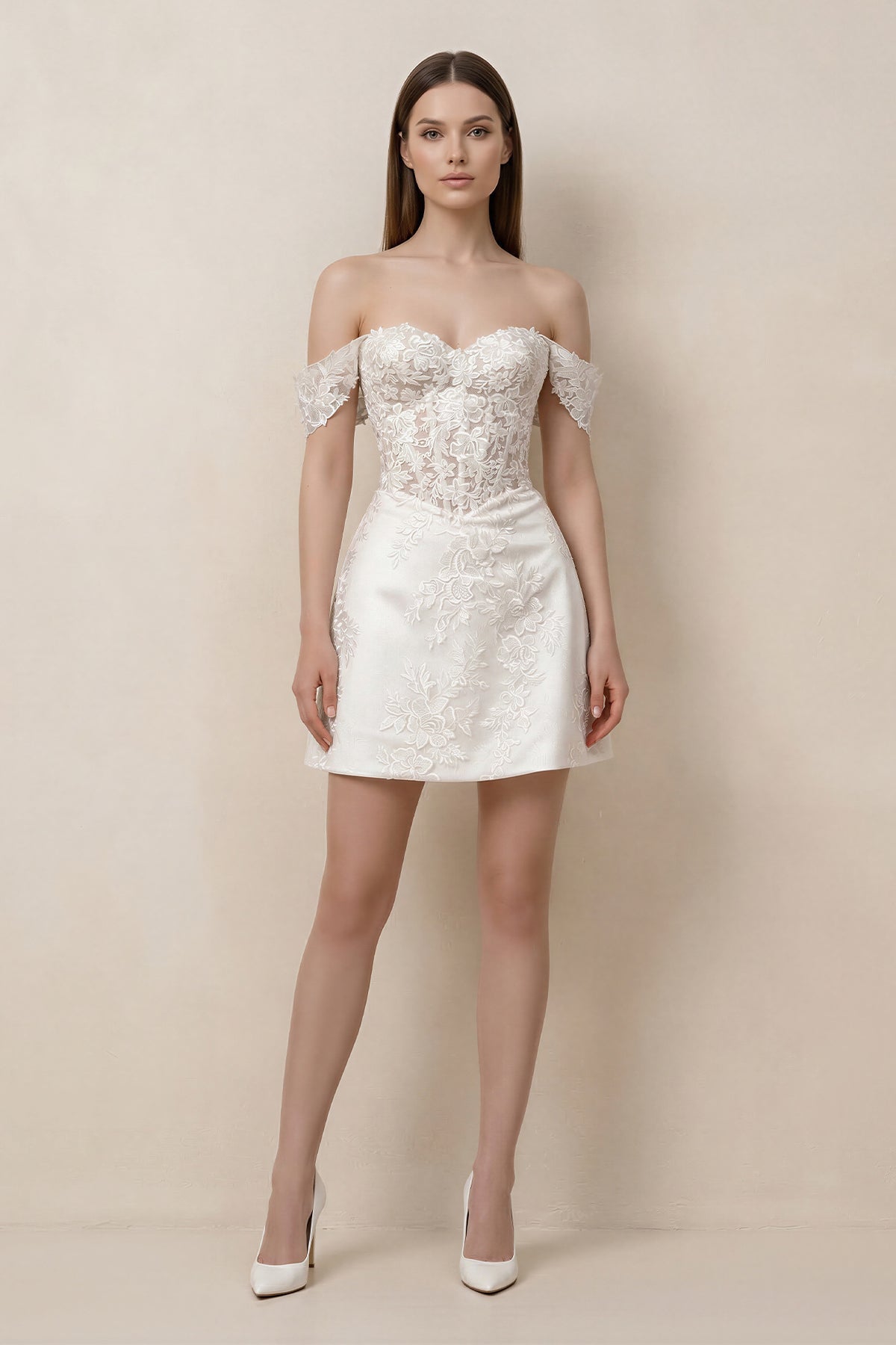 Lace Sheath A-Line Off-the-Shoulder Mini Wedding Dress in White