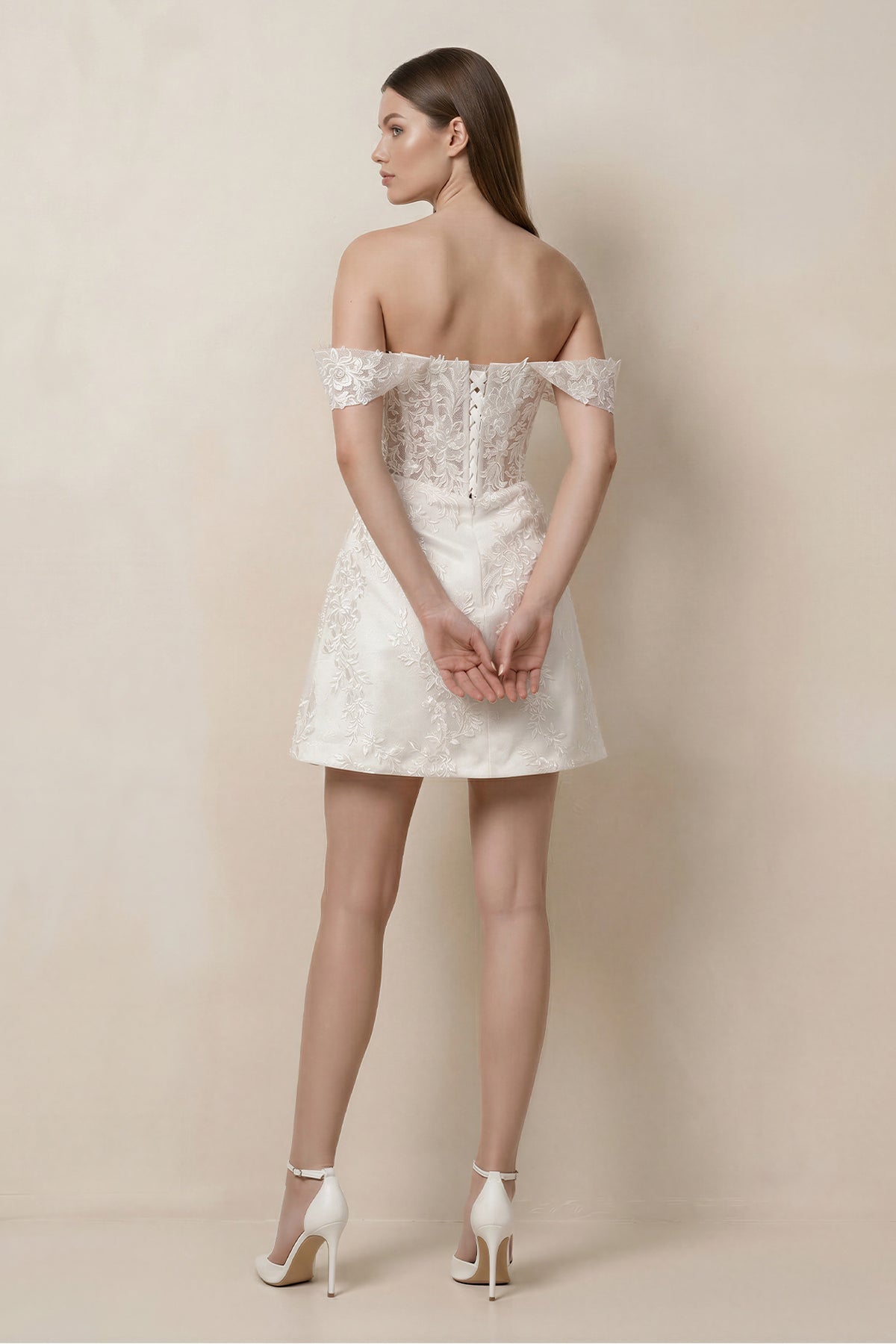 Lace Sheath A-Line Off-the-Shoulder Mini Wedding Dress in White