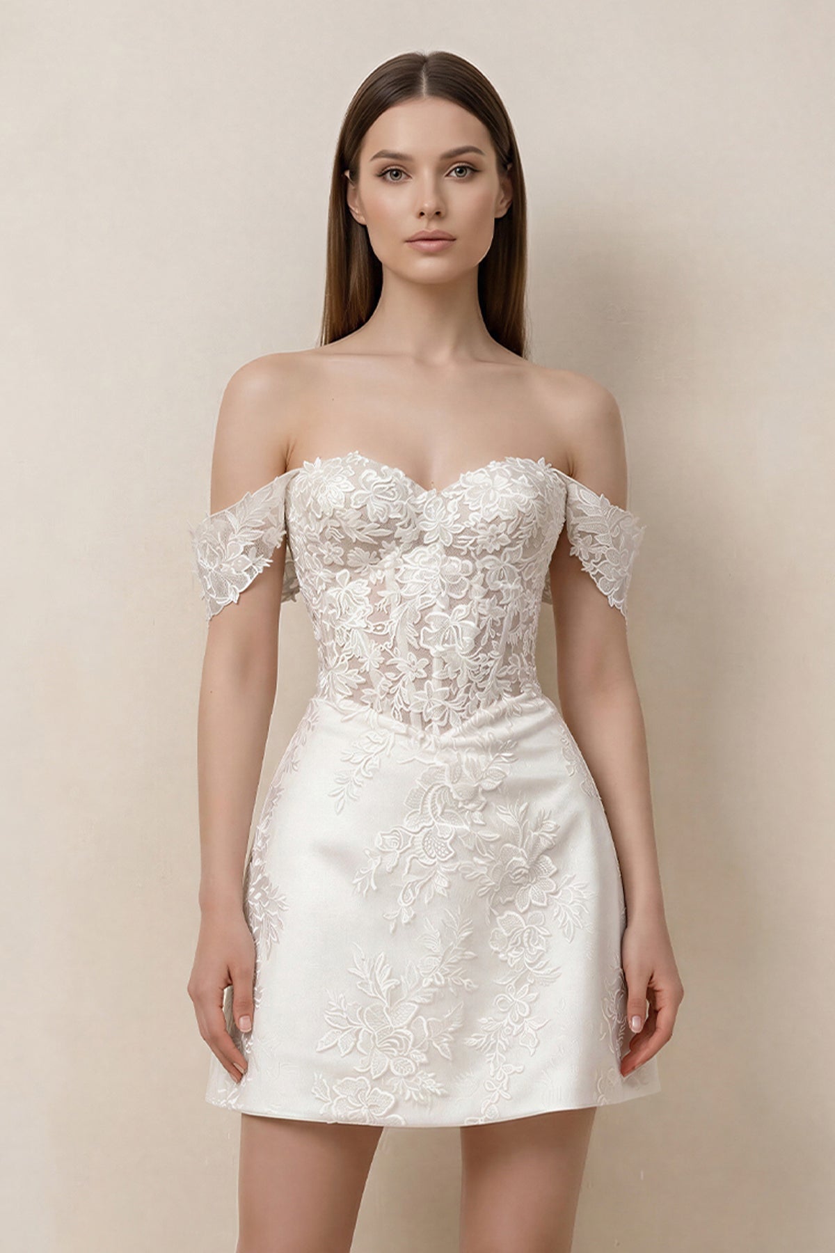 Lace Sheath A-Line Off-the-Shoulder Mini Wedding Dress in White