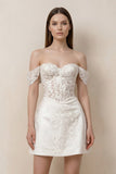 Lace Sheath A-Line Off-the-Shoulder Mini Wedding Dress in White