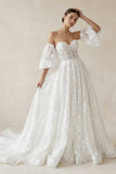 Lace Sweetheart A-Line Corset Wedding Dress With Sleeves in White
