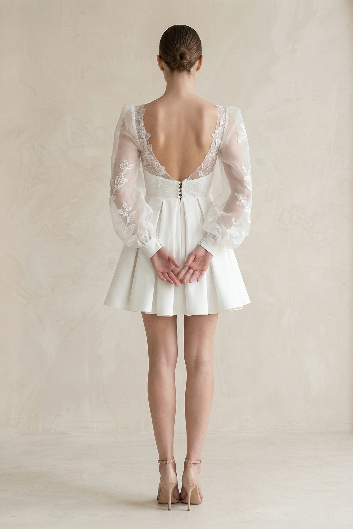 Lace V-Neck A-Line Satin Wedding Dress With Long Sleeves in White