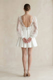 Lace V-Neck A-Line Satin Wedding Dress With Long Sleeves in White