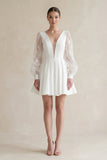 Lace V-Neck A-Line Satin Wedding Dress With Long Sleeves in White