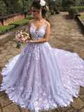 Light Purple Sleeveless A Line V-Neck Lace Wedding Dresses