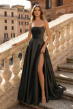 Lachlan | Satin A-Line Scoop Empire-Waist Pleated Satin High Slit Formal Prom Dress