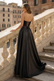 Lachlan | Satin A-Line Scoop Empire-Waist Pleated Satin High Slit Formal Prom Dress