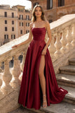 Lachlan | Satin A-Line Scoop Empire-Waist Pleated Satin High Slit Formal Prom Dress