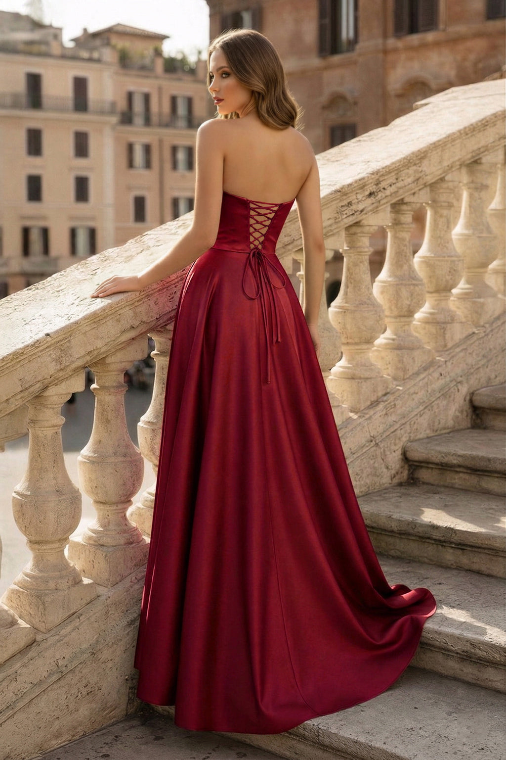 Lachlan | Satin A-Line Scoop Empire-Waist Pleated Satin High Slit Formal Prom Dress