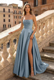 Lachlan | Satin A-Line Scoop Empire-Waist Pleated Satin High Slit Formal Prom Dress